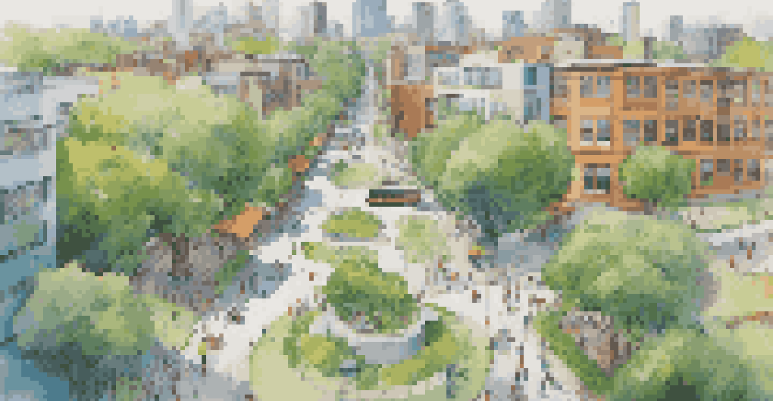 An aerial view of a city with public transport routes, green spaces, and people walking and biking.