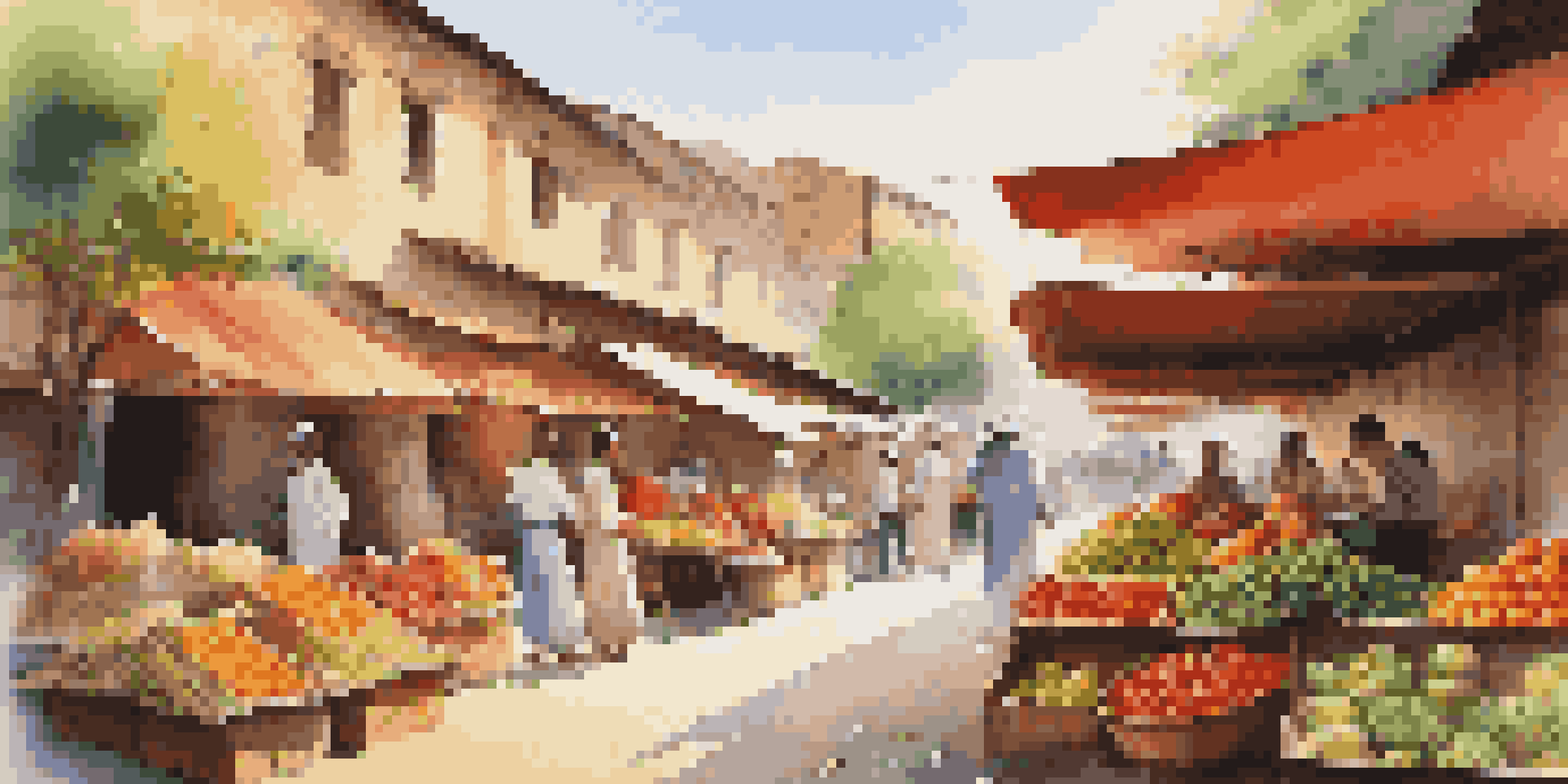 A lively traditional market with colorful stalls and local vendors interacting with tourists under warm sunlight.