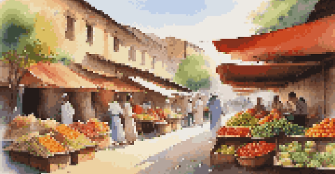 A lively traditional market with colorful stalls and local vendors interacting with tourists under warm sunlight.