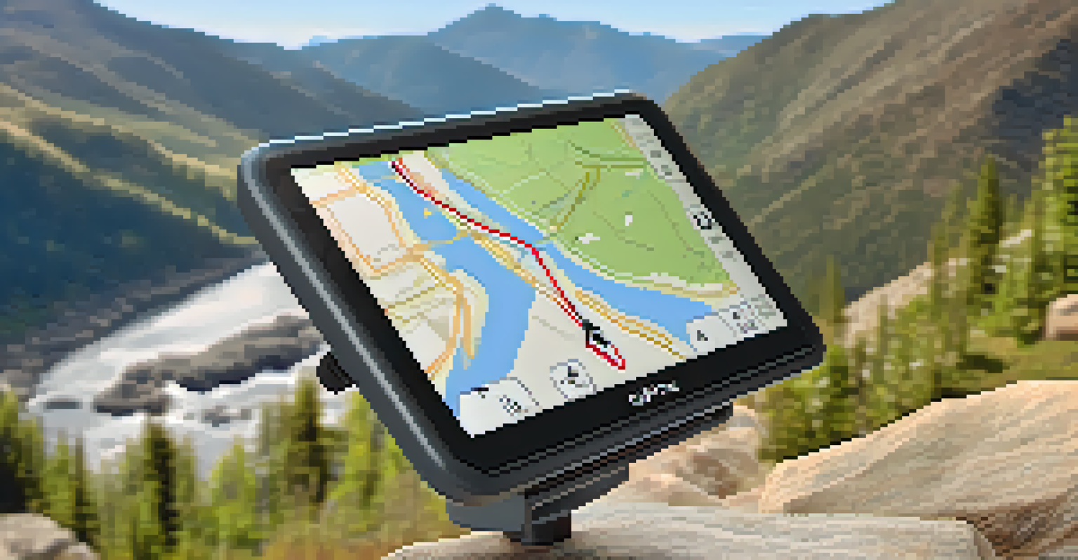 A close-up of a GPS device showing a map and highlighted routes, placed against a hiking trail in the mountains.