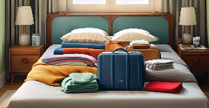 An open travel suitcase on a bed, showcasing neatly rolled clothes and colorful packing cubes, with a toiletry bag, in a warmly lit bedroom.