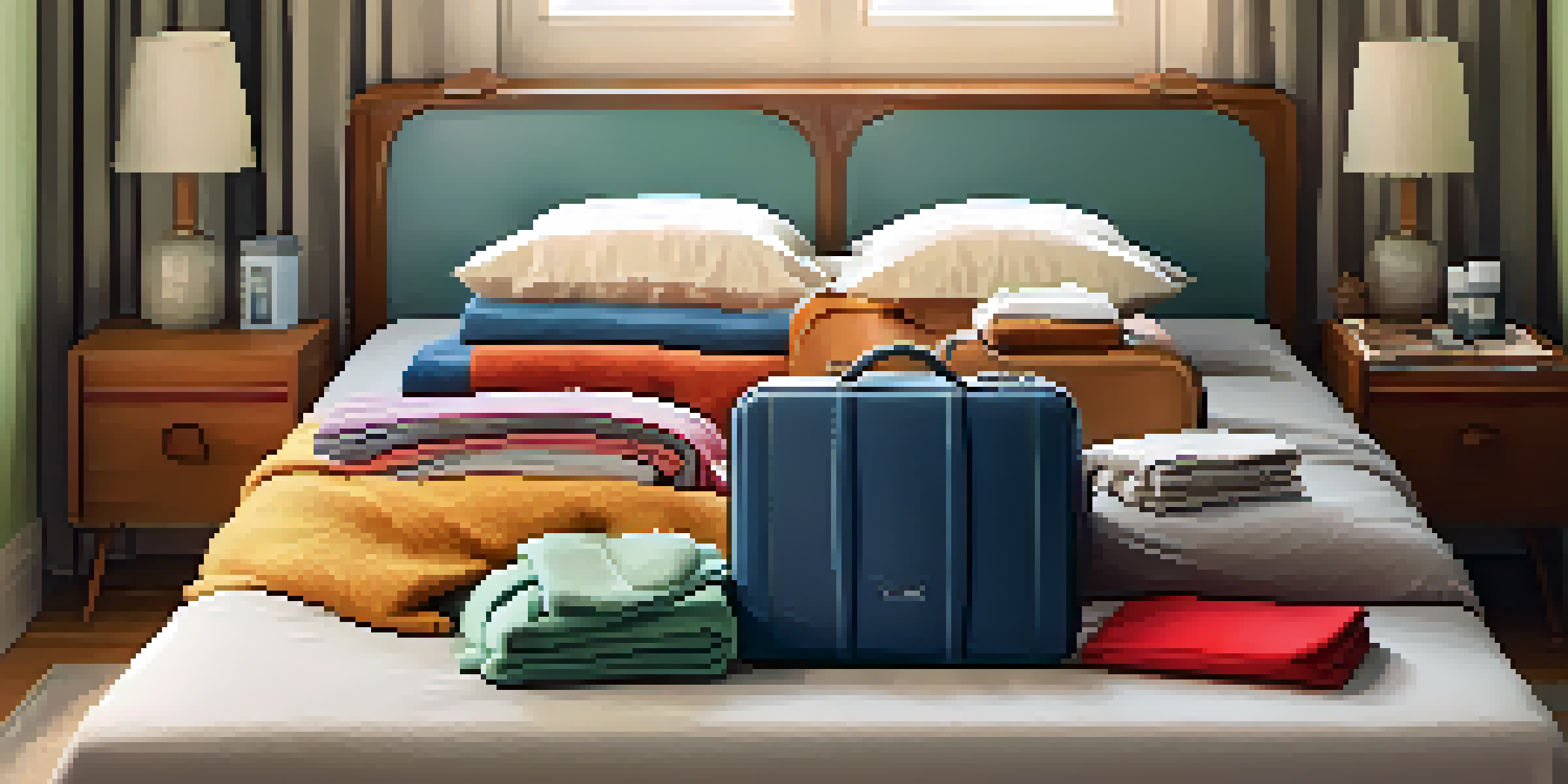 An open travel suitcase on a bed, showcasing neatly rolled clothes and colorful packing cubes, with a toiletry bag, in a warmly lit bedroom.