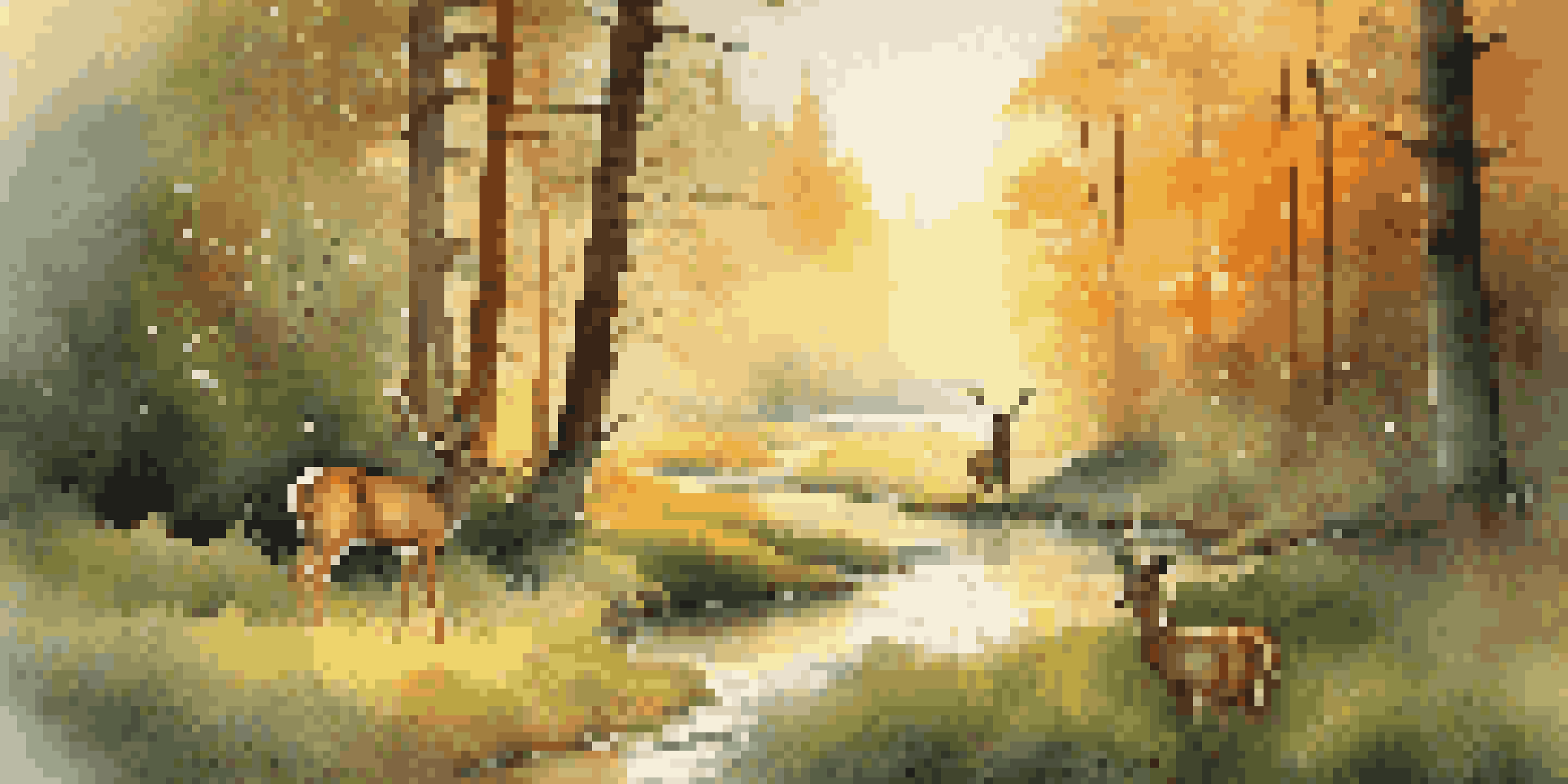 A peaceful forest landscape at sunrise with golden light, a stream, and deer grazing in the foreground.