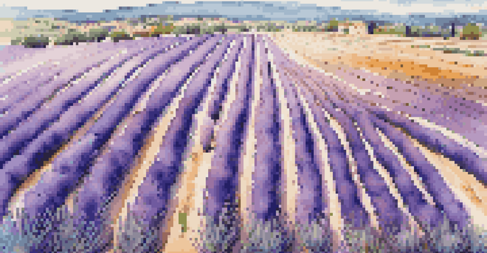 Aerial view of a lavender field in Provence, showcasing vibrant purple flowers under a blue sky.