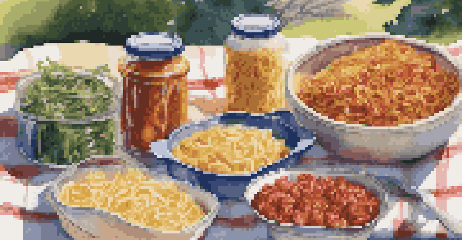 An outdoor scene showing a variety of non-perishable cooking ingredients arranged on a picnic blanket with a scenic park background.