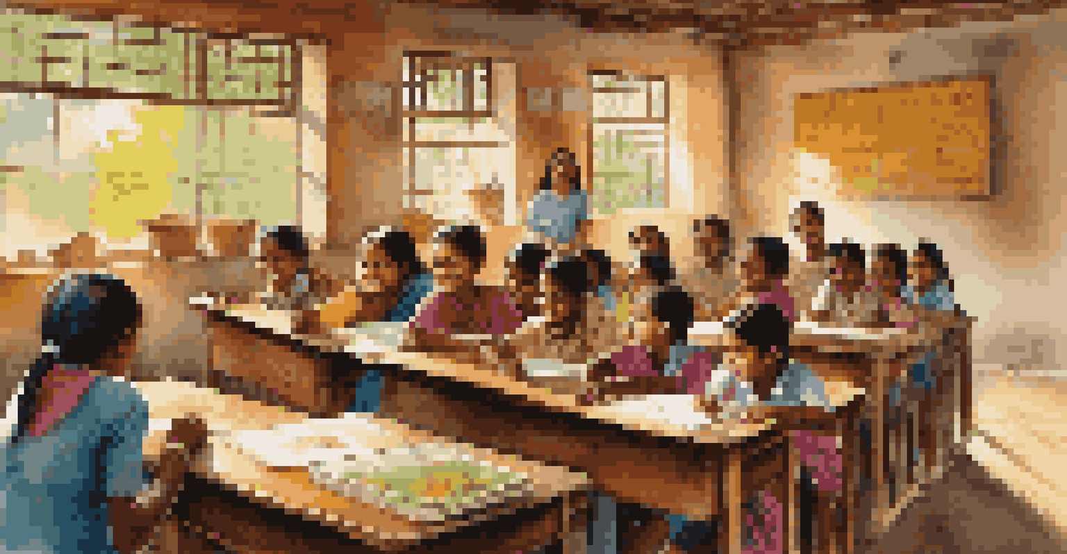 A volunteer engaging with children in a bright classroom, surrounded by educational materials and sunlight.