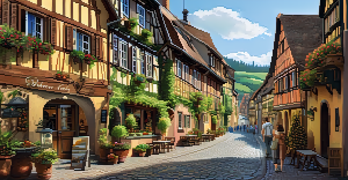 A scenic street in Riquewihr, Alsace, with colorful houses and vineyards under warm sunlight, featuring a couple at a café.