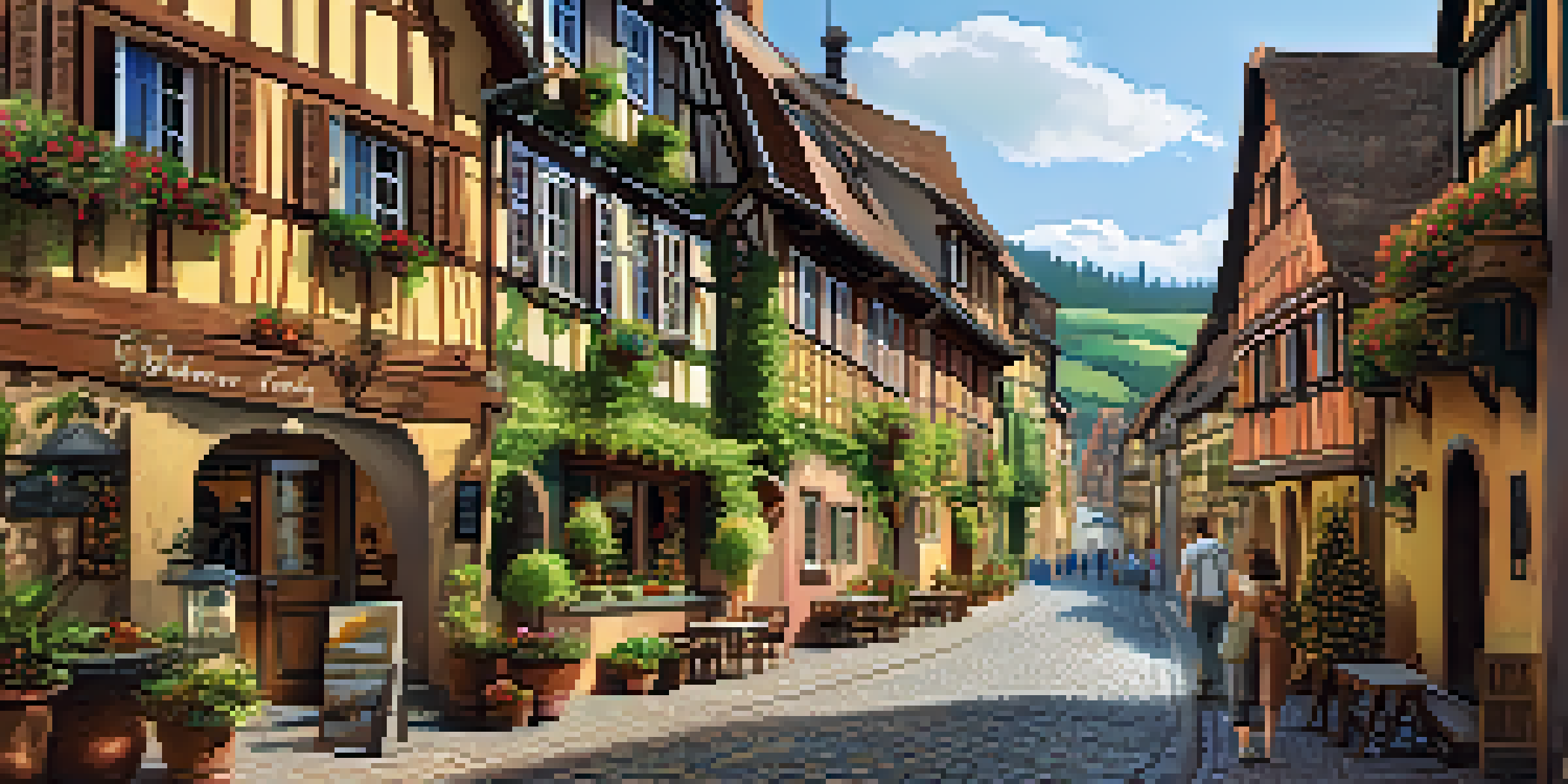 A scenic street in Riquewihr, Alsace, with colorful houses and vineyards under warm sunlight, featuring a couple at a café.