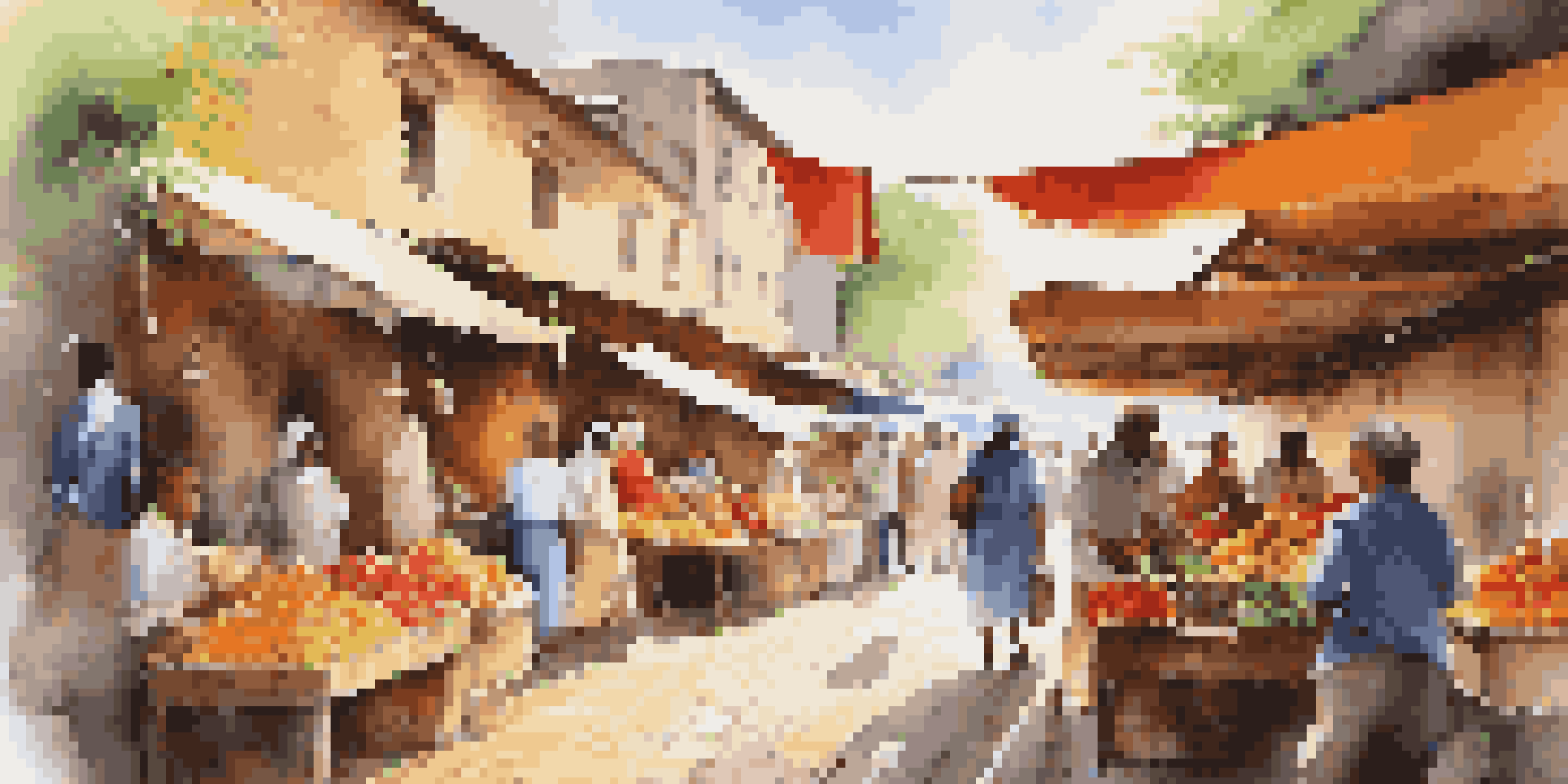 A lively local market filled with colorful stalls and diverse travelers interacting with vendors under sunlit canopies.