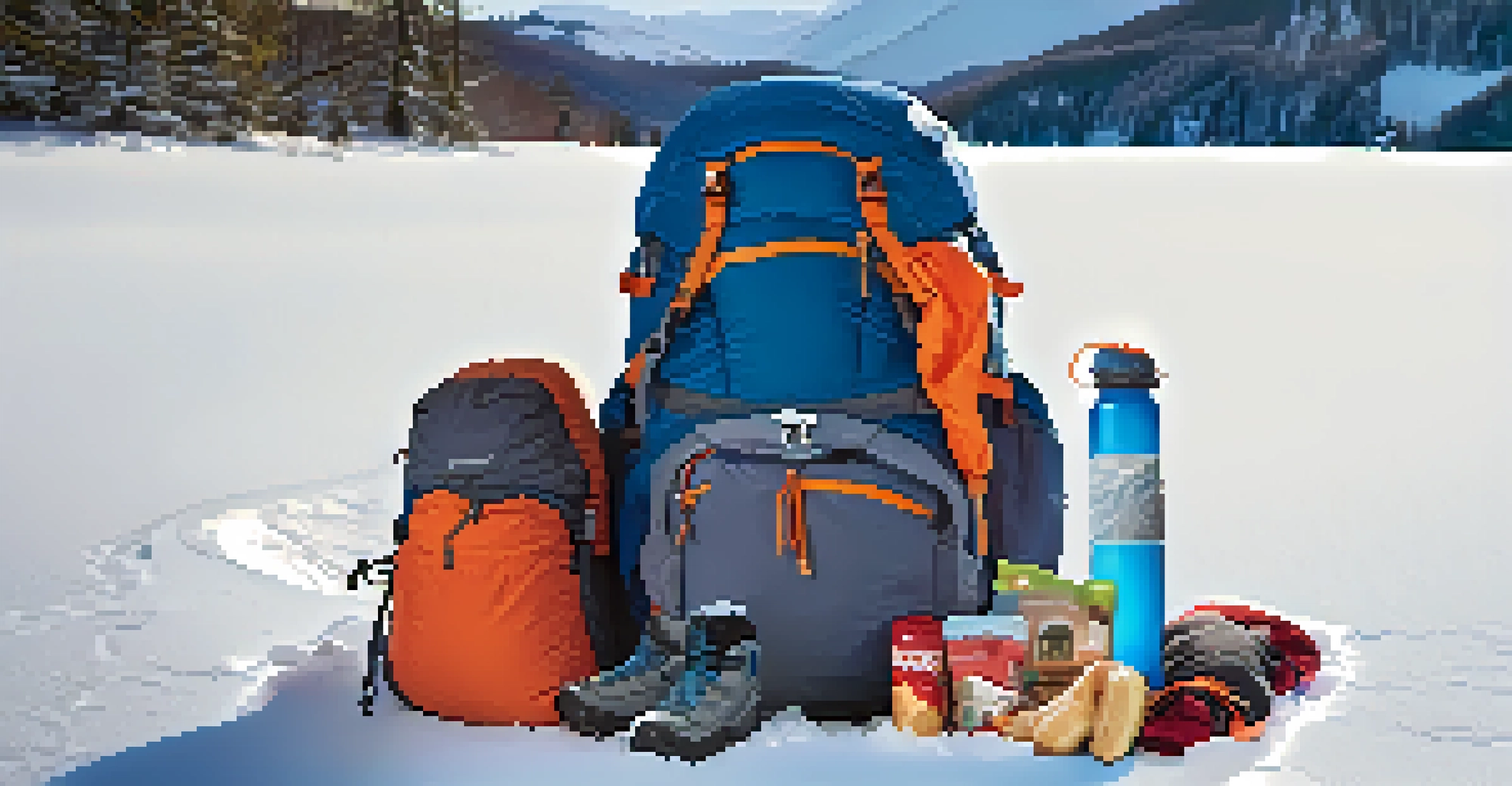A winter backpack open with organized gear and snacks on a snowy landscape.