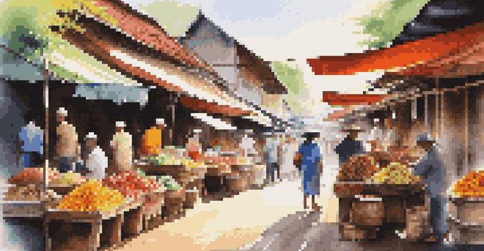 A lively market scene in Thailand with colorful stalls and local vendors interacting with travelers under warm sunlight.