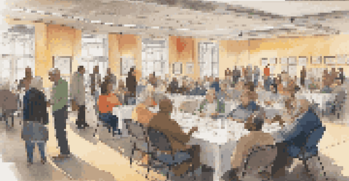 A lively ancestry conference with attendees discussing genealogy, surrounded by tables of resources and warm lighting.