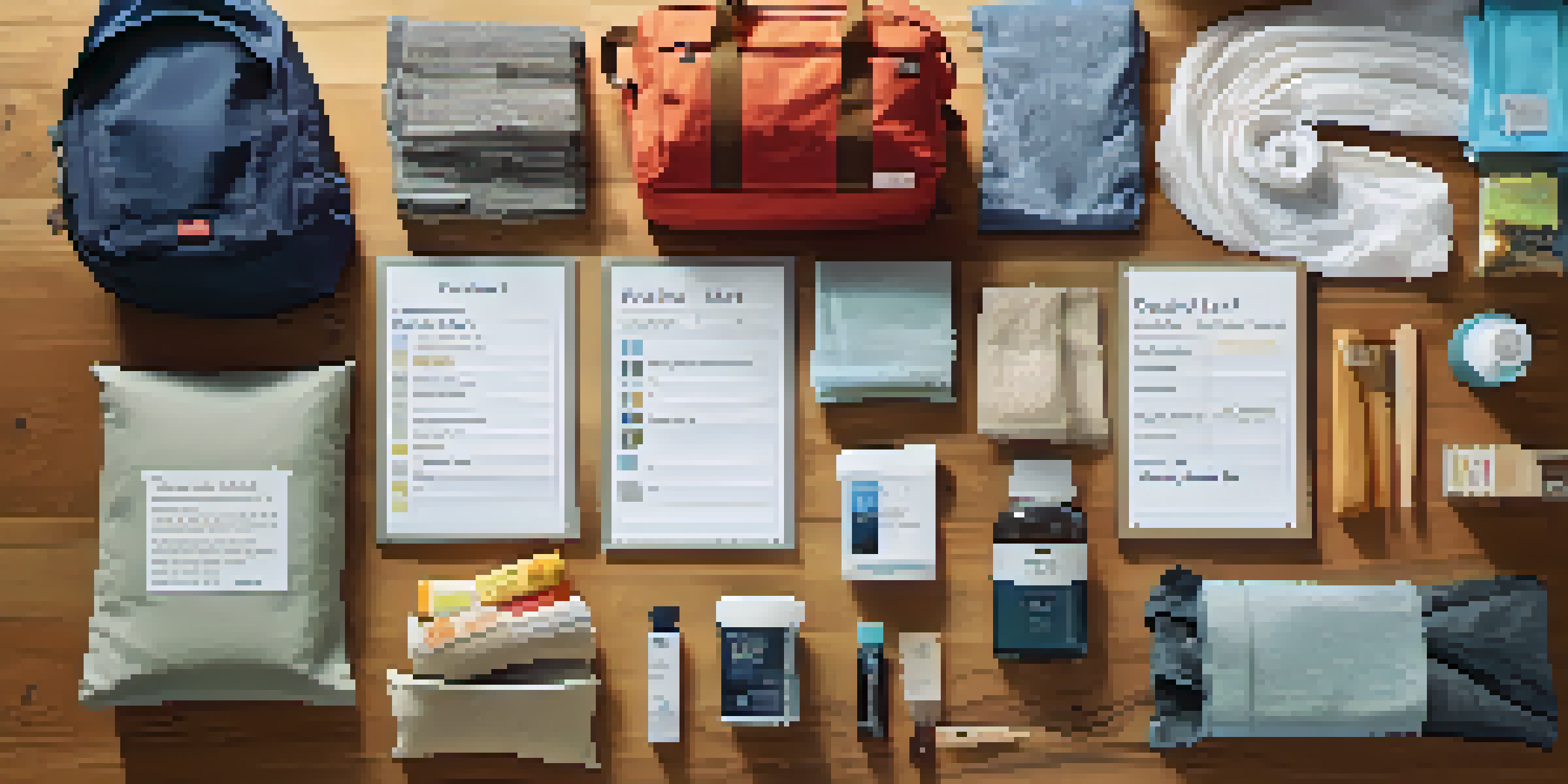 An organized packing list on a wooden table with colorful travel items, such as a duffel bag and rolled clothes, illuminated by soft morning light.