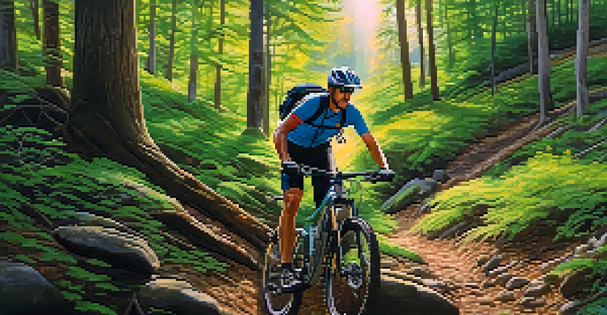 A mountain biker riding on a rocky trail surrounded by lush green trees, with sunlight filtering through the canopy.