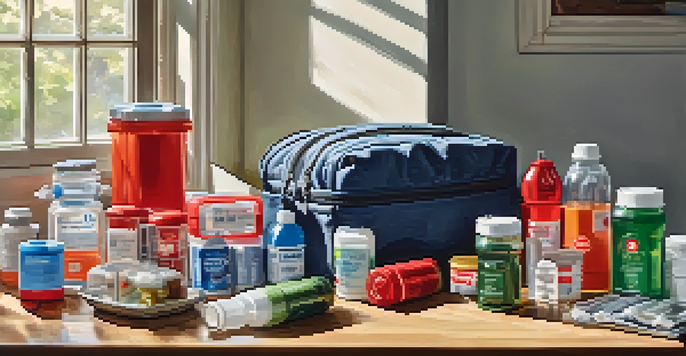 A well-organized emergency kit on a wooden table with essential supplies including water, food, a first aid kit, flashlight, and multi-tool, illuminated by natural light.