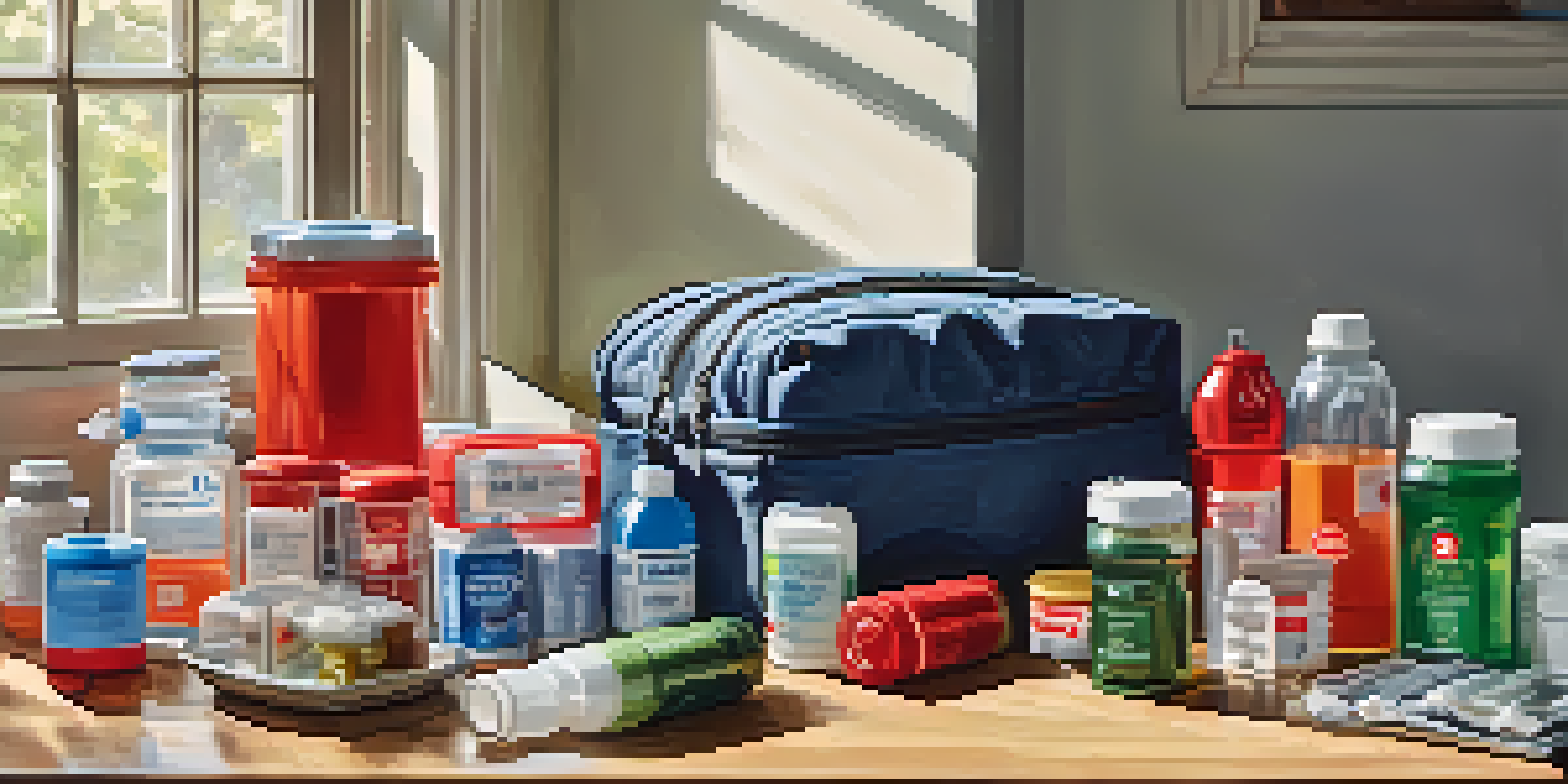 A well-organized emergency kit on a wooden table with essential supplies including water, food, a first aid kit, flashlight, and multi-tool, illuminated by natural light.