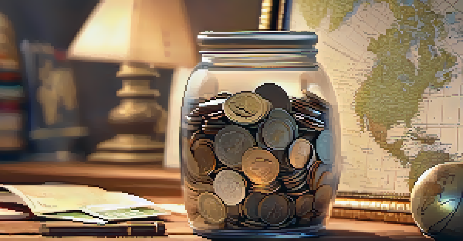 A travel fund jar filled with coins, a passport, a map, and a globe on a wooden table.