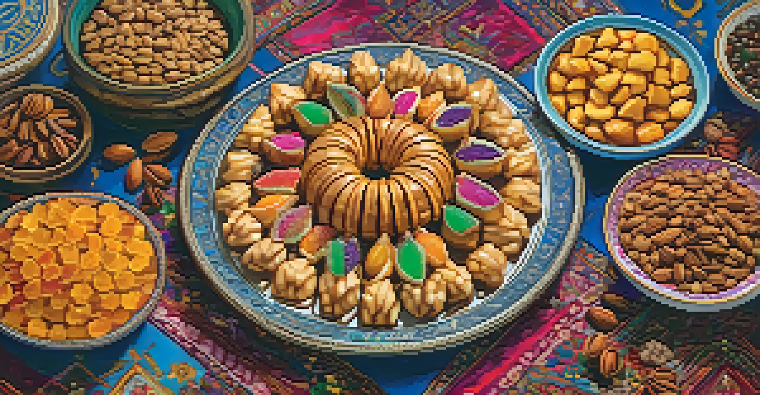 A plate of baklava with nuts and spices, set against colorful textiles and soft lighting.