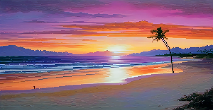 A tranquil beach scene at sunset with colorful sky and gentle waves.
