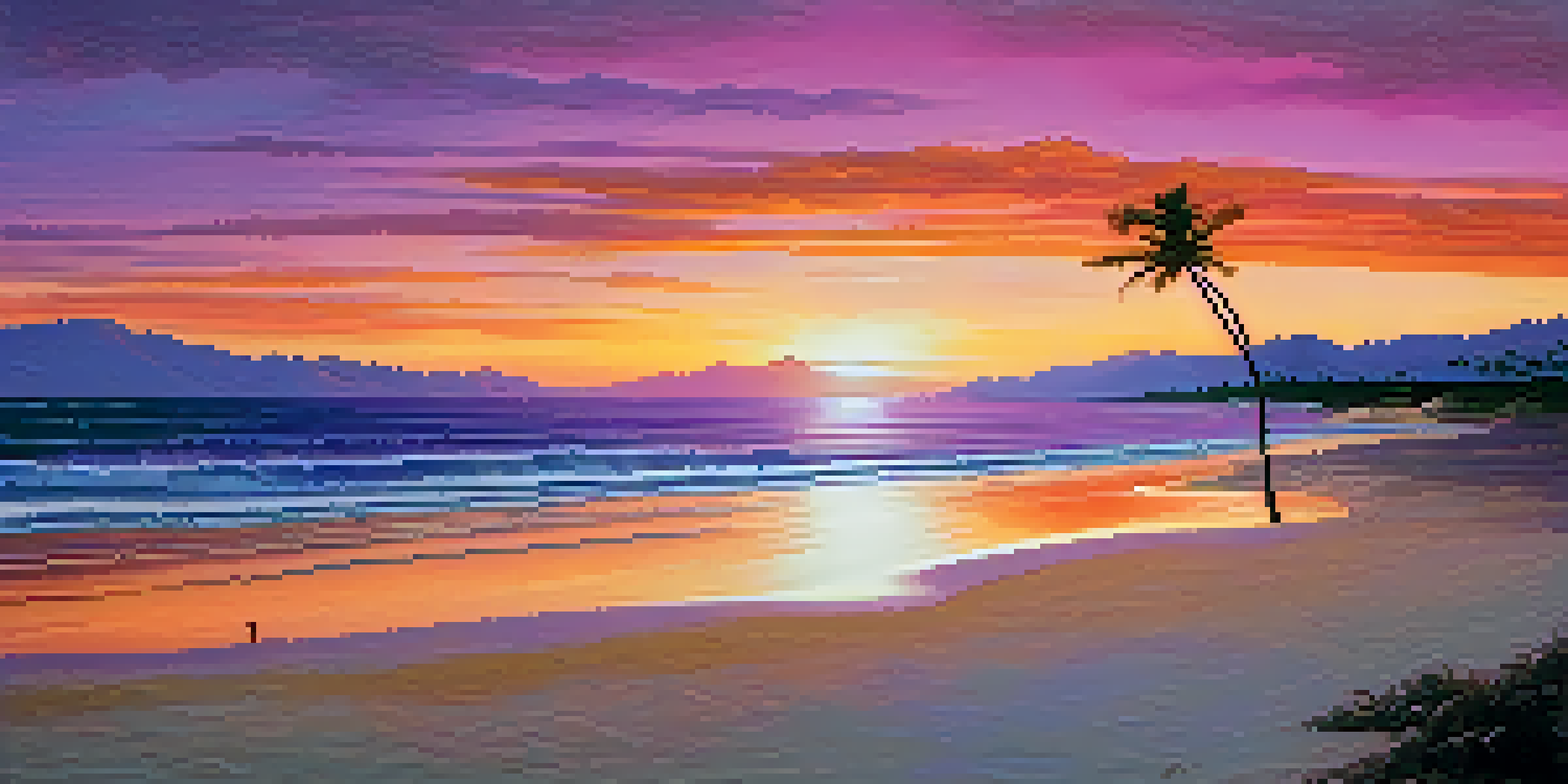 A tranquil beach scene at sunset with colorful sky and gentle waves.