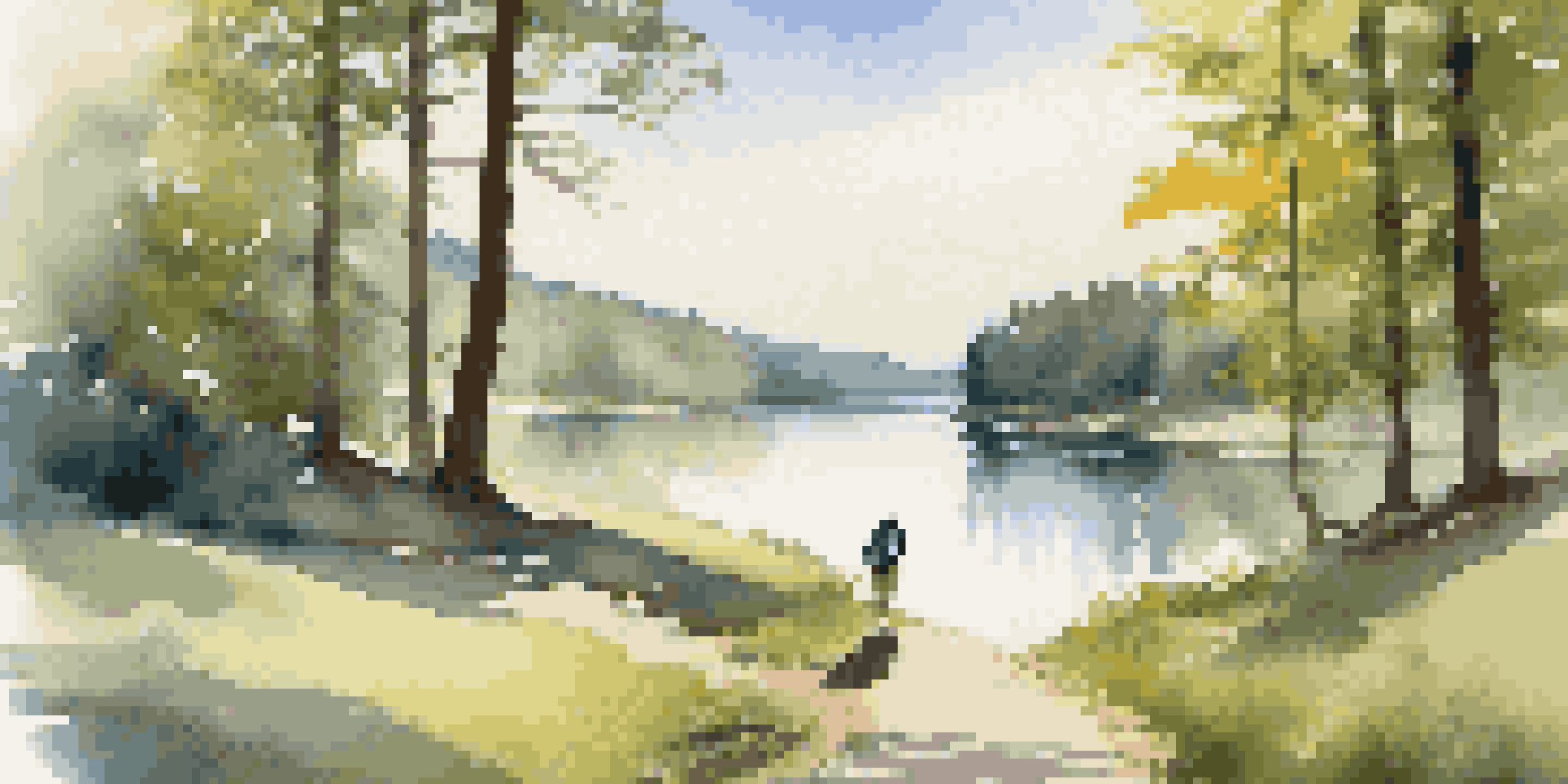 A solitary traveler walking through a lush national park with a clear blue lake and bright sunlight filtering through the trees.