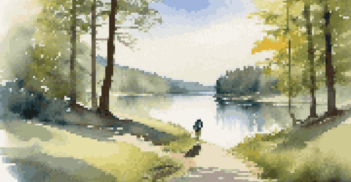 A solitary traveler walking through a lush national park with a clear blue lake and bright sunlight filtering through the trees.