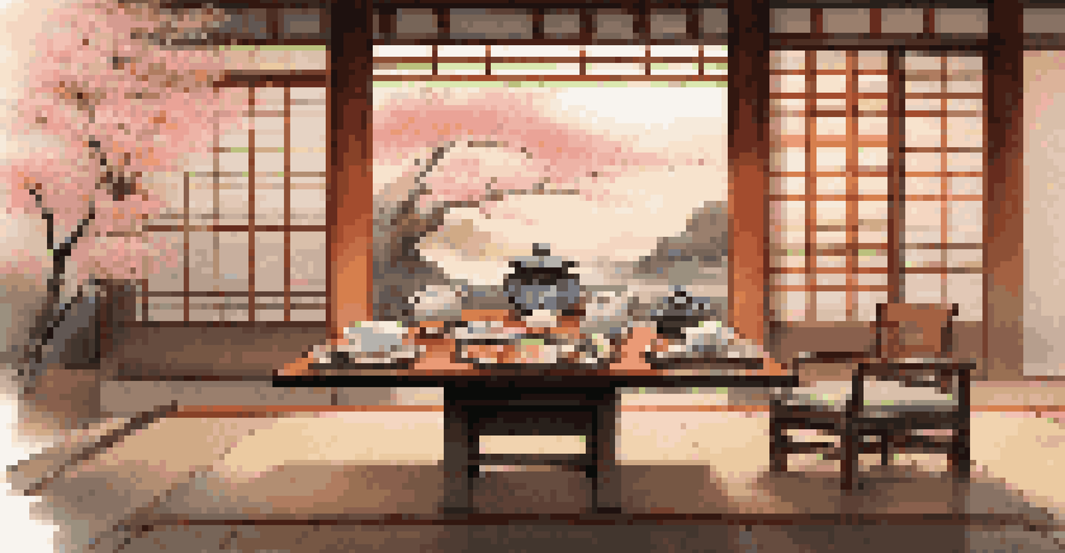A traditional Japanese dining setup with sushi and tea, featuring serene lighting and cultural decorations.
