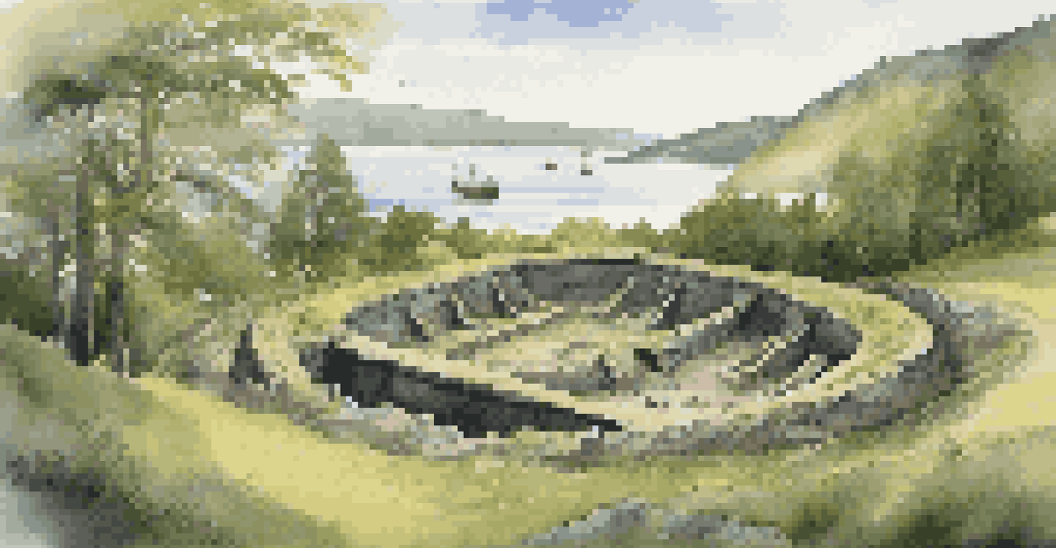 An archaeological site showcasing the Oseberg ship burial with burial mounds and lush greenery in a serene fjord setting.