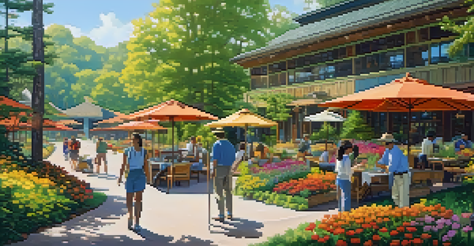 A picturesque eco-friendly hotel in a forest, with travelers planting flowers in the foreground under warm sunlight.