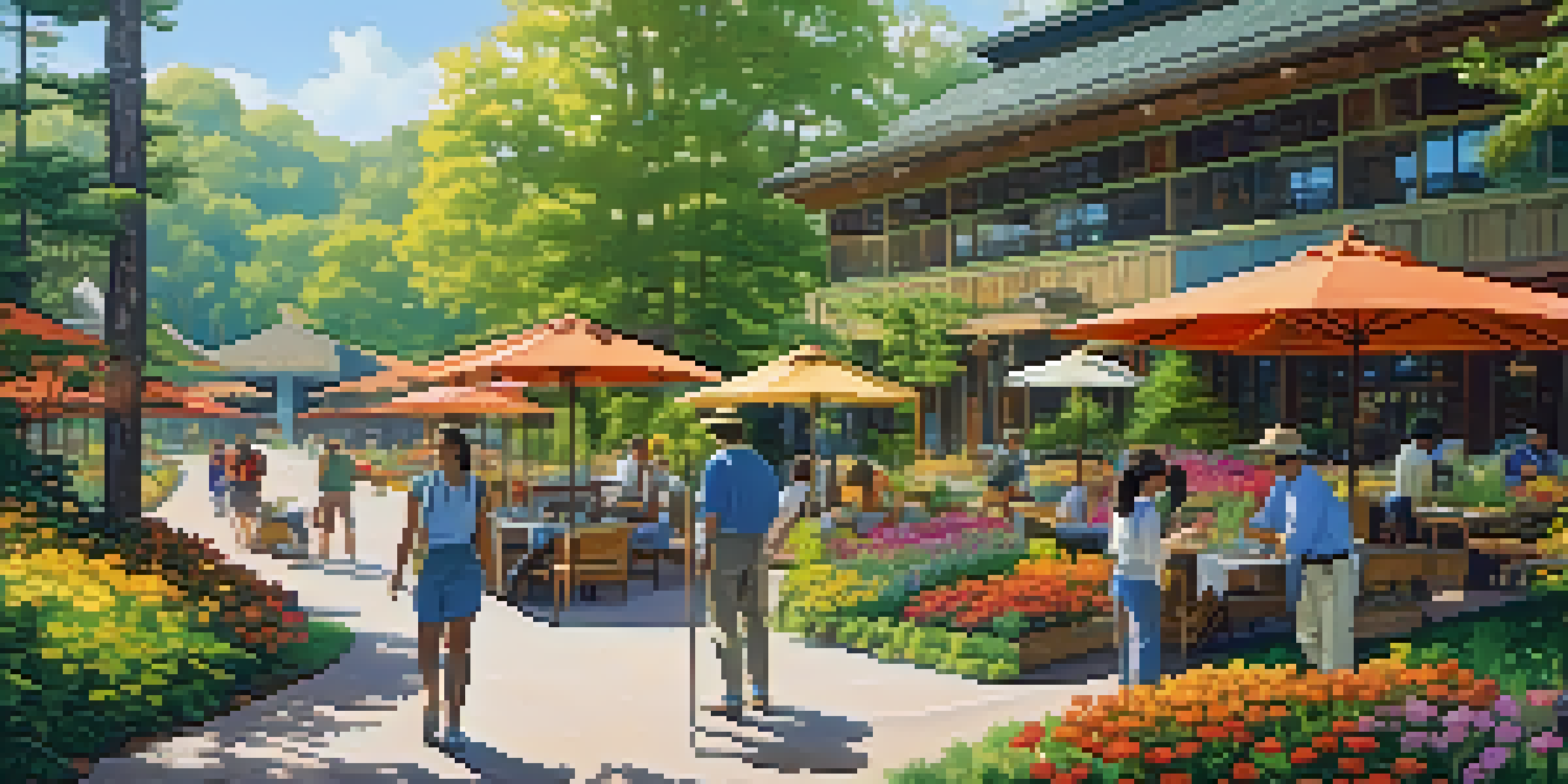 A picturesque eco-friendly hotel in a forest, with travelers planting flowers in the foreground under warm sunlight.