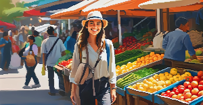 A solo female traveler with a lightweight backpack exploring a colorful market filled with vibrant stalls and sunlight.