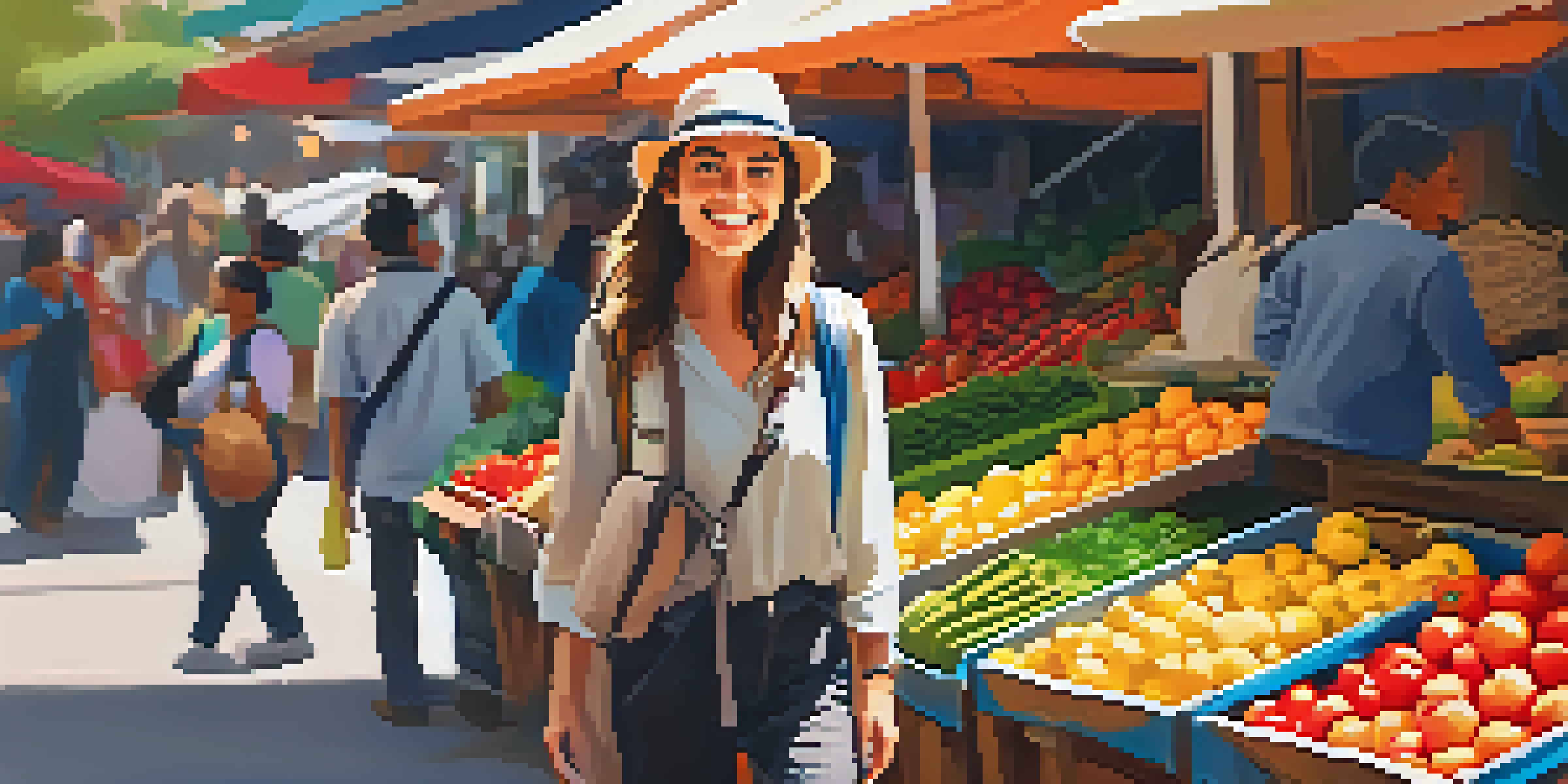 A solo female traveler with a lightweight backpack exploring a colorful market filled with vibrant stalls and sunlight.