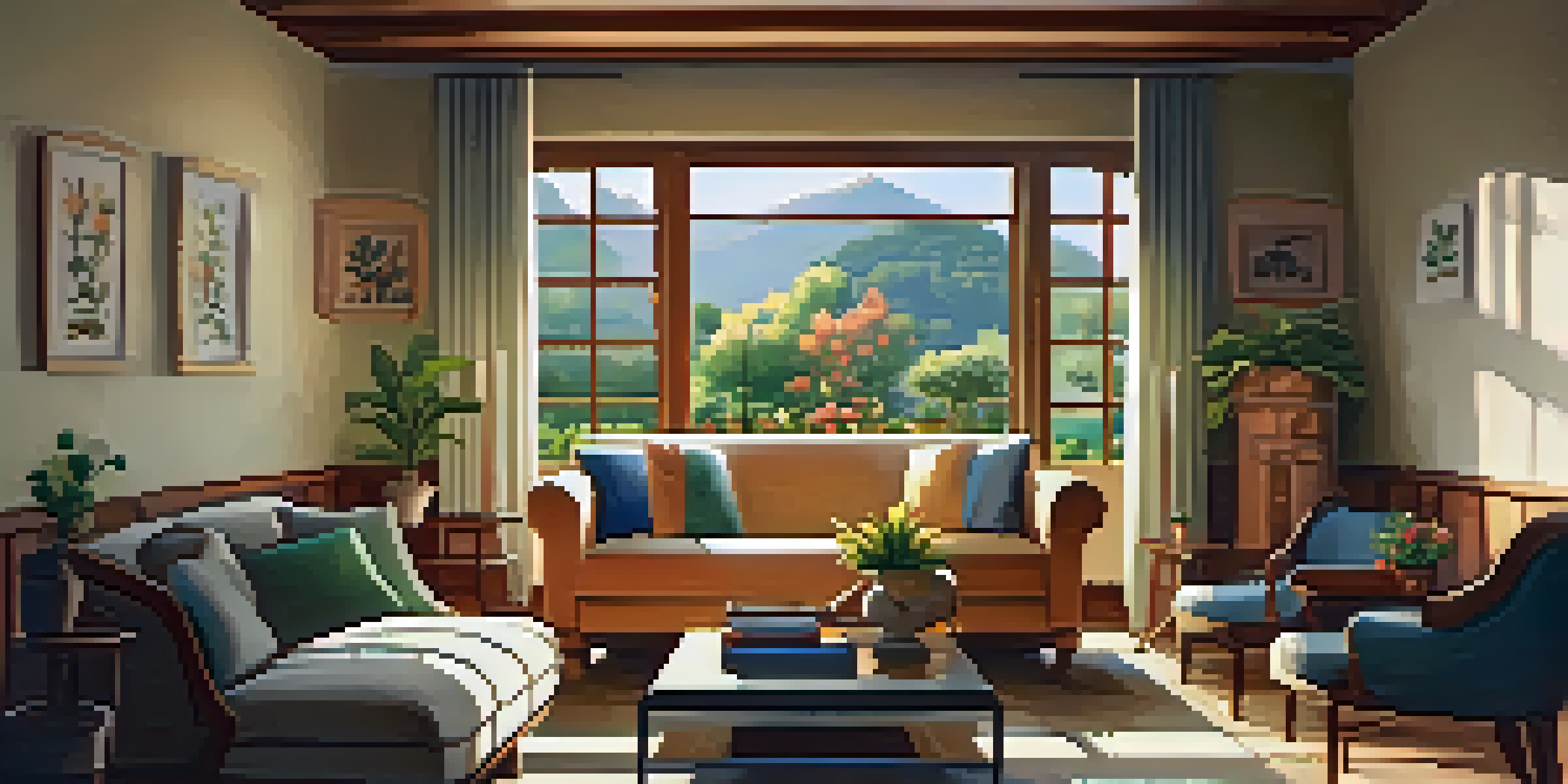 A cozy living room of a homestay with warm lighting and traditional artworks, featuring a wooden coffee table and a garden view outside.