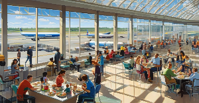A busy airport terminal filled with travelers, families playing, individuals relaxing, and planes visible outside.