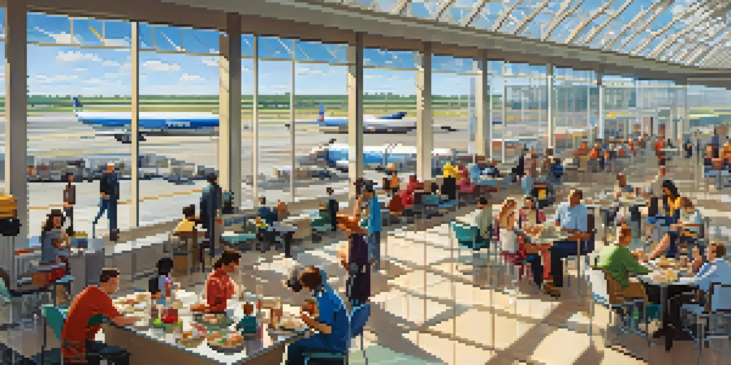 A busy airport terminal filled with travelers, families playing, individuals relaxing, and planes visible outside.