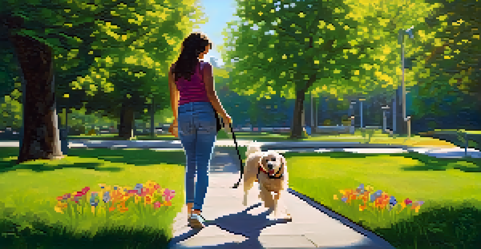 A pet owner walking a dog on a leash in a sunny park with green grass and flowers.