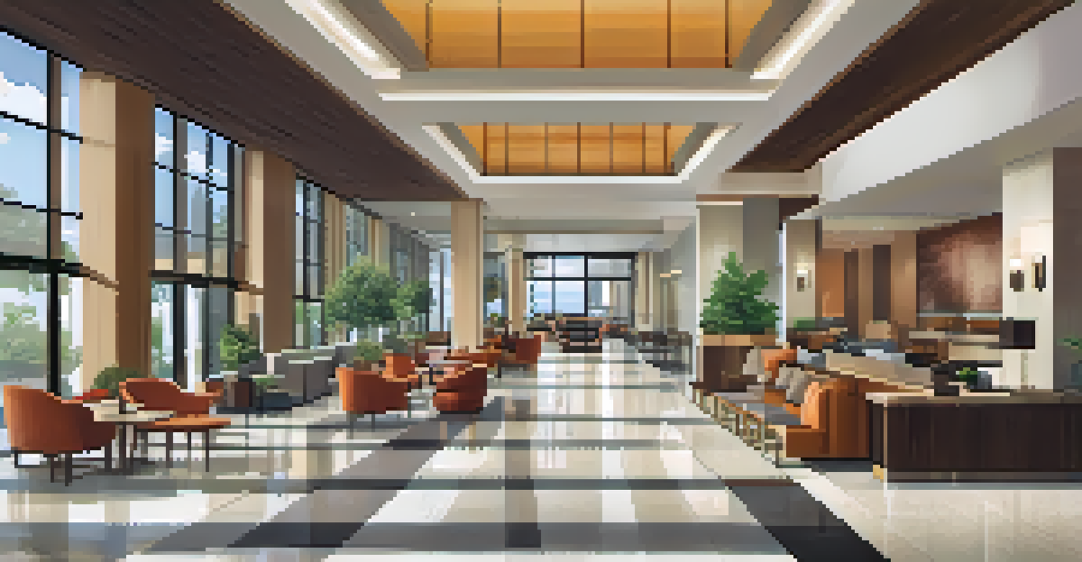 A hotel lobby showcasing accessibility features, including wide pathways and a reception desk at wheelchair height, with natural light illuminating the warm, modern decor.