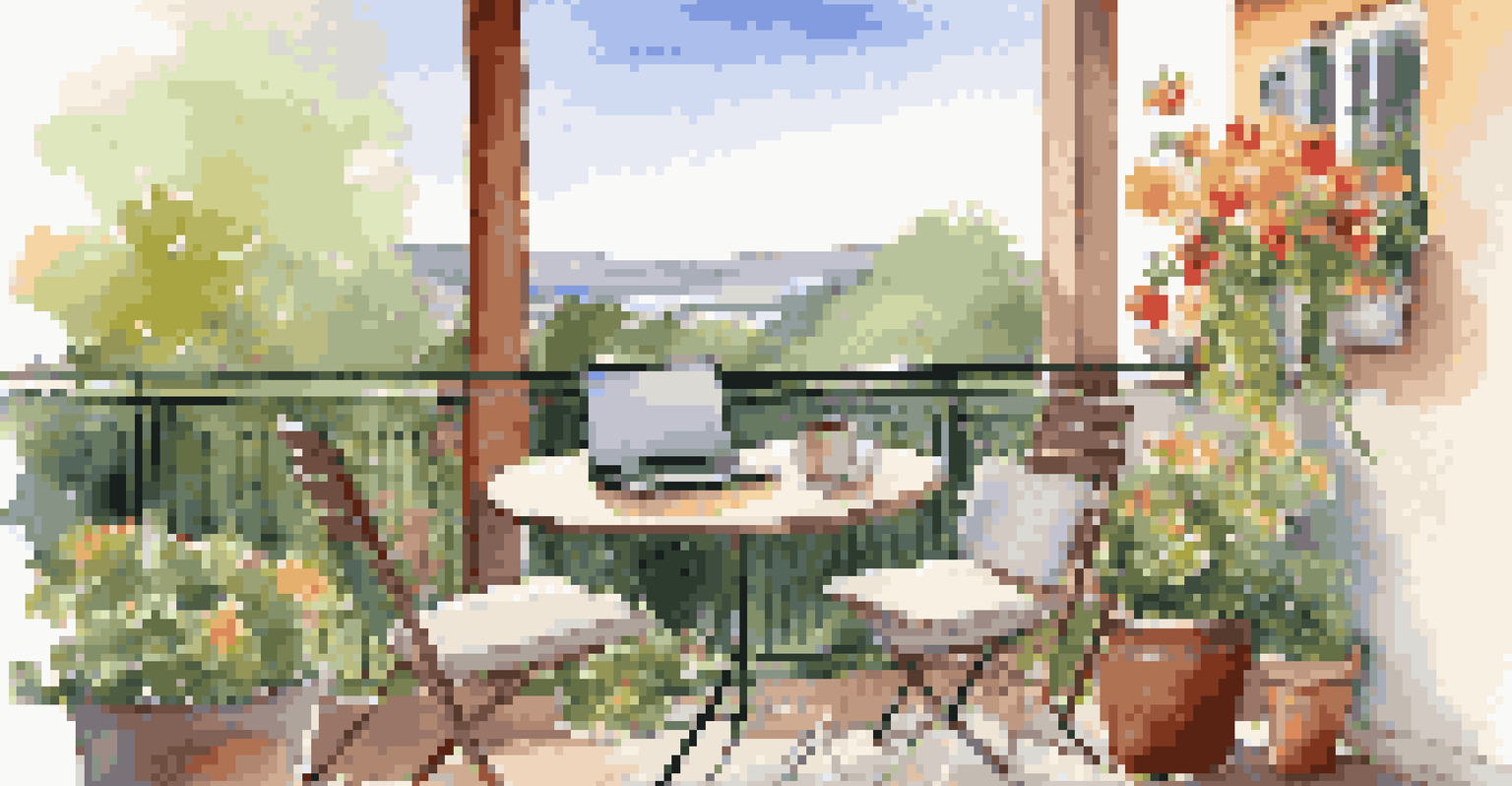 An outdoor workspace on a sunny balcony with a laptop, coffee, and colorful flowers, providing a serene view of the landscape.