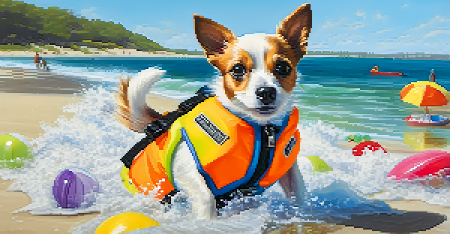A small dog in a life jacket playing in the waves with colorful beach toys around and families enjoying their day.