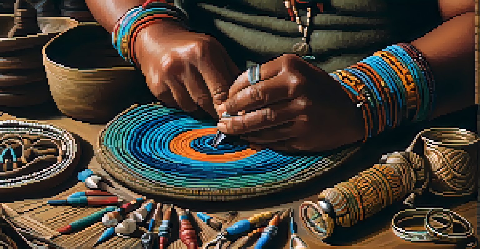 A close-up of an Indigenous artisan making traditional jewelry, focusing on their hands and the materials.