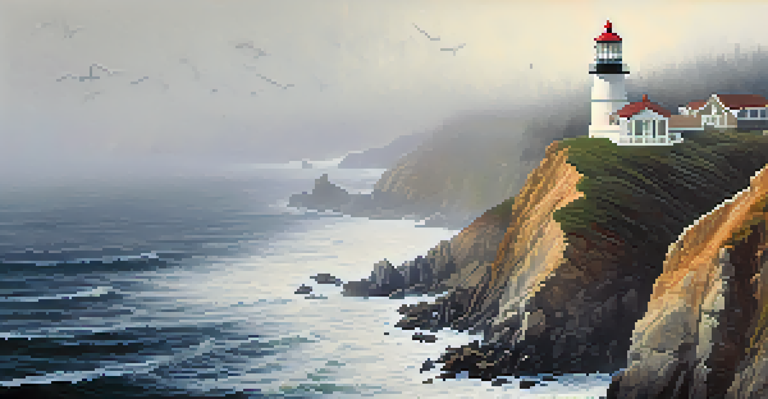 The Point Reyes Lighthouse above rocky cliffs, enveloped in fog with crashing ocean waves below and birds soaring in the sky.