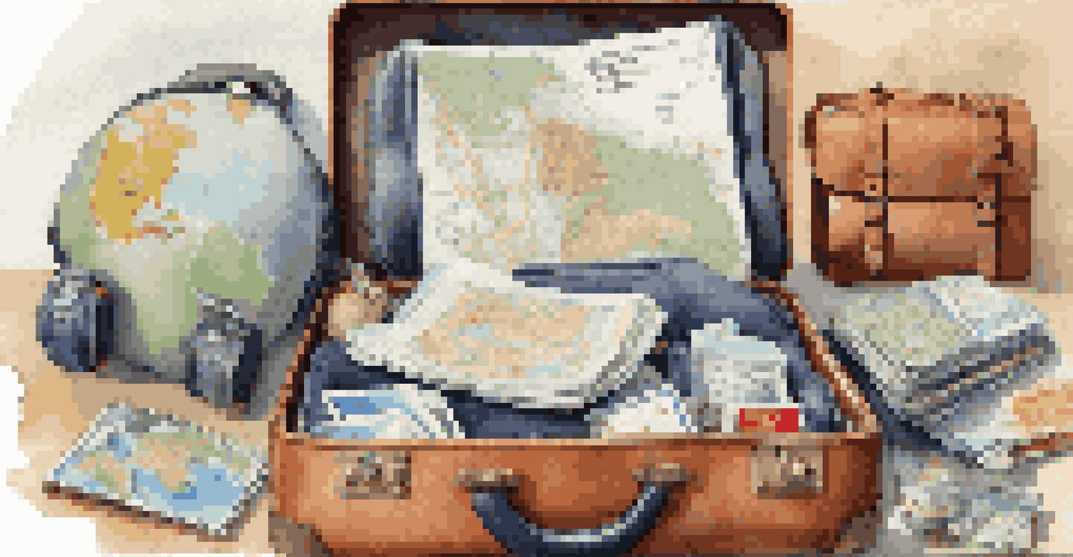 An open suitcase on a bed filled with travel essentials, with a world map on the wall in the background.
