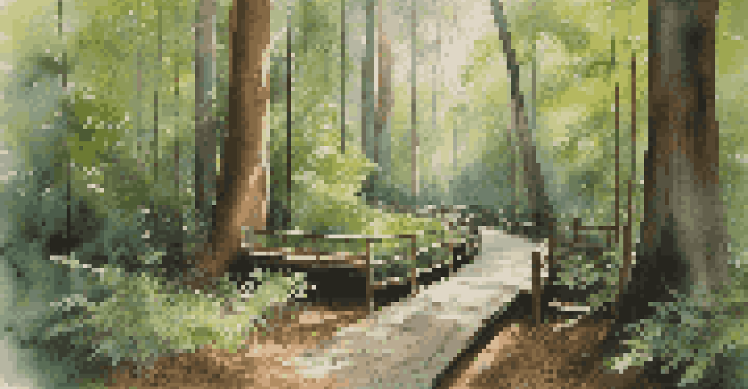 A tranquil view of Congaree National Park with towering trees and an elevated boardwalk.