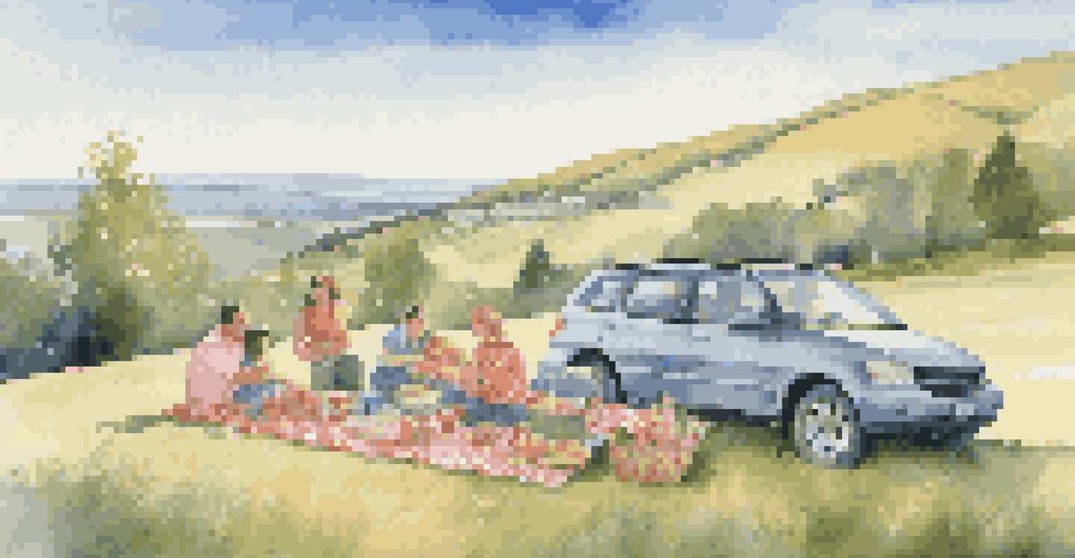 A family having a picnic near their parked SUV on a grassy hill, with a scenic landscape in the background.