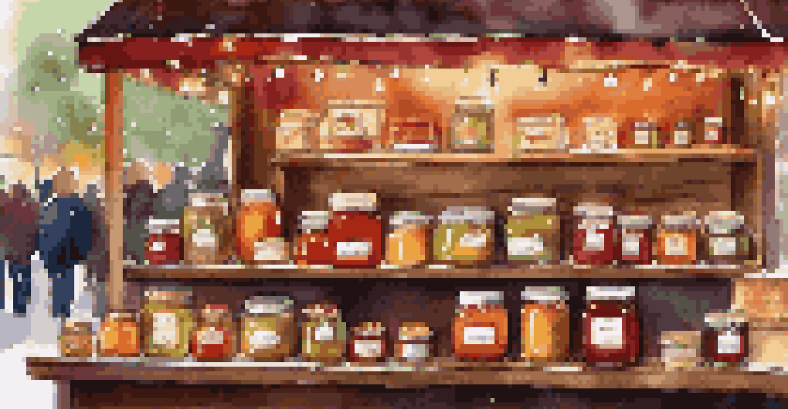 A close-up of a holiday market stall displaying artisanal foods and festive decorations.