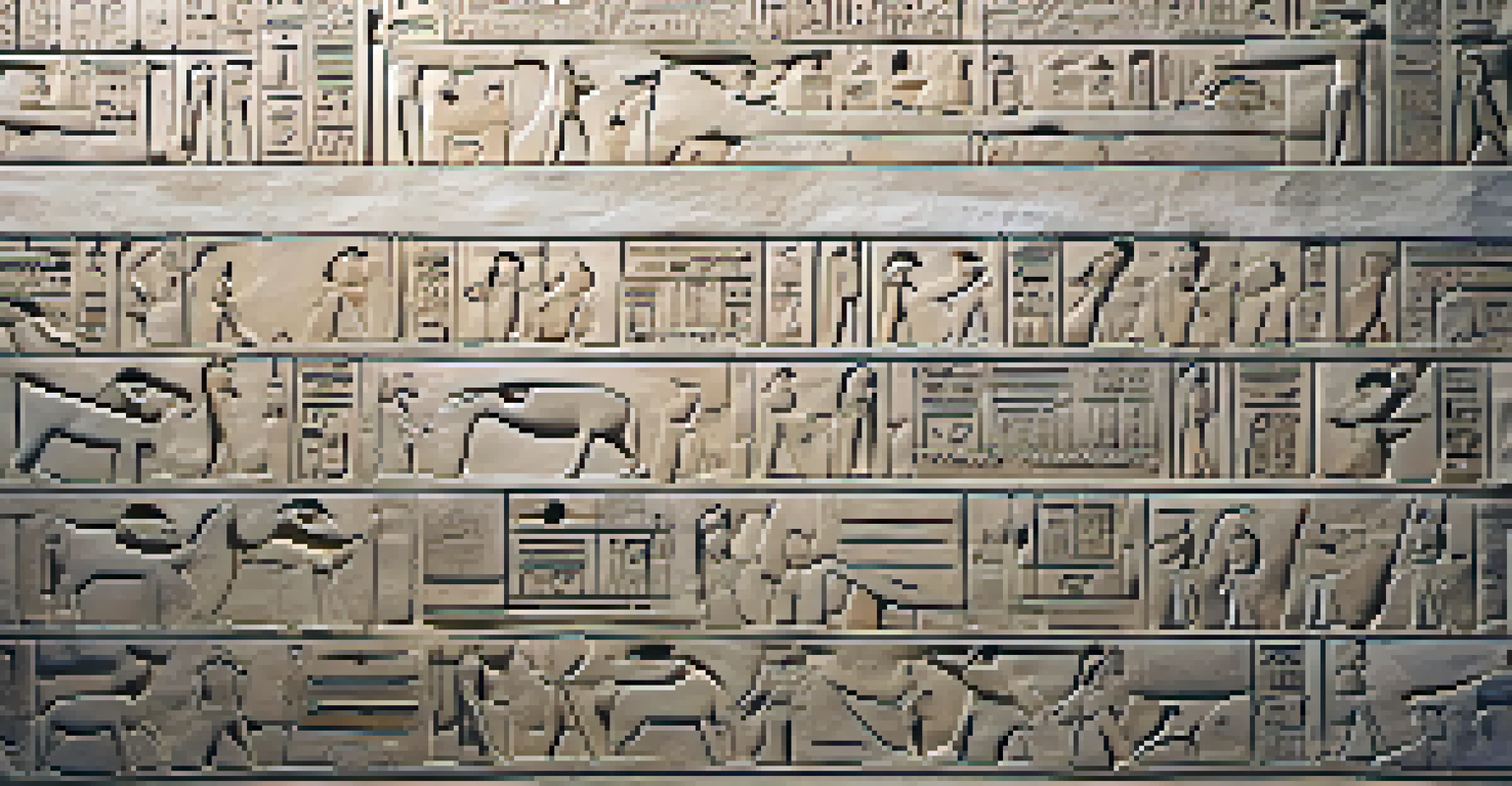 A close-up view of hieroglyphics carved into limestone, displaying intricate ancient Egyptian artistry.