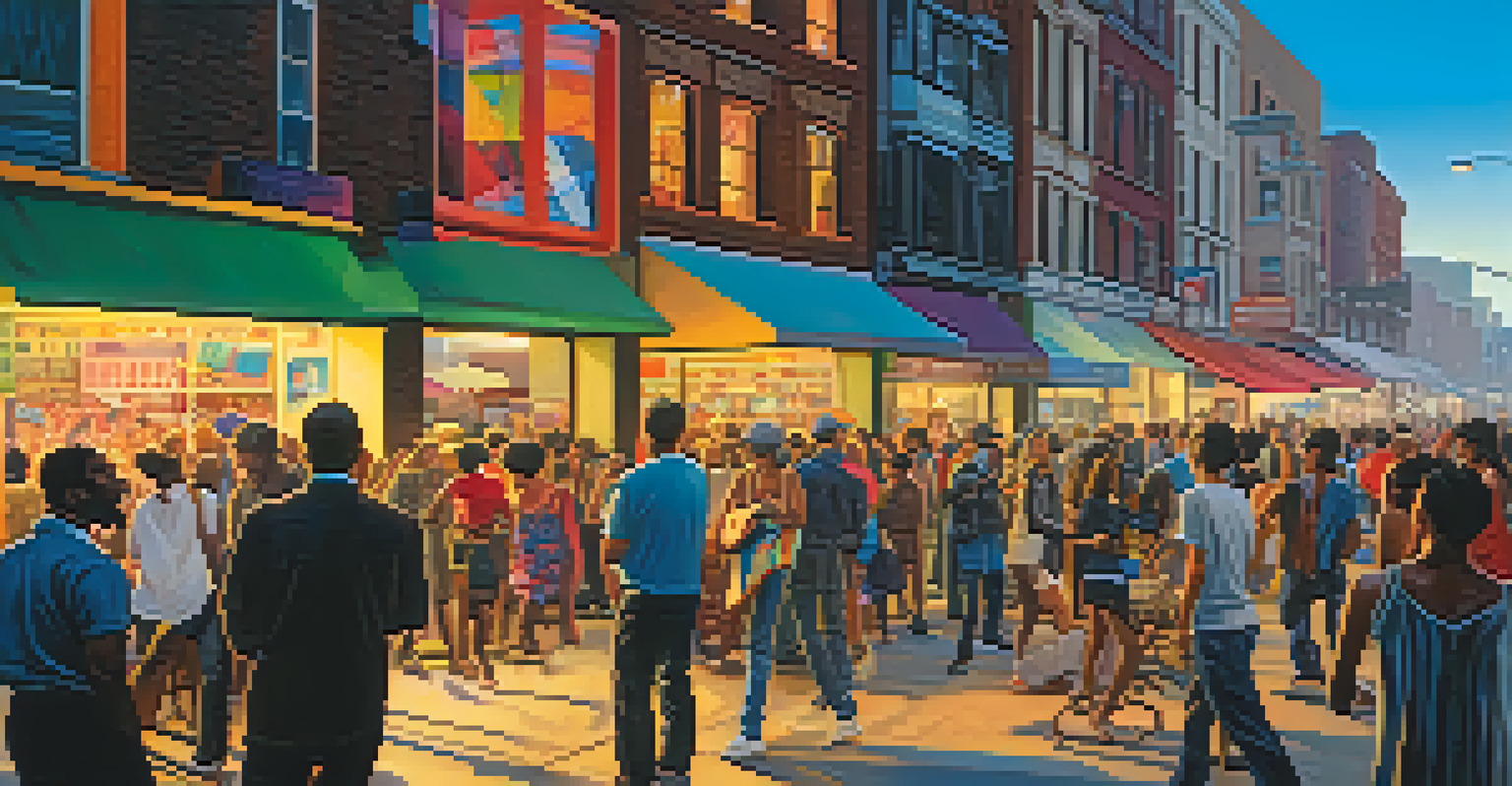 An urban street scene with a musician performing and diverse people enjoying the vibrant atmosphere.