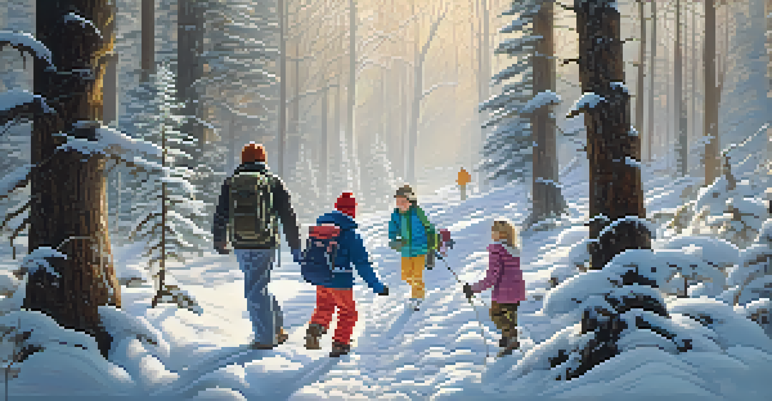 A family hiking in a snowy forest, with children playing and adults taking pictures amidst a beautiful winter landscape.
