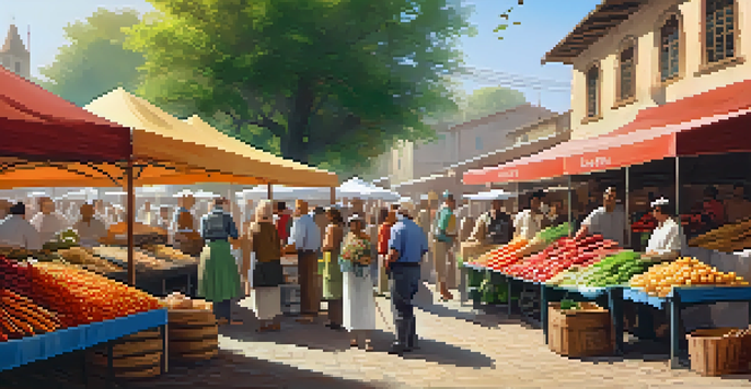 A lively outdoor food market filled with fresh produce, artisanal bread, and local spices, with vendors and customers engaging under bright sunlight.