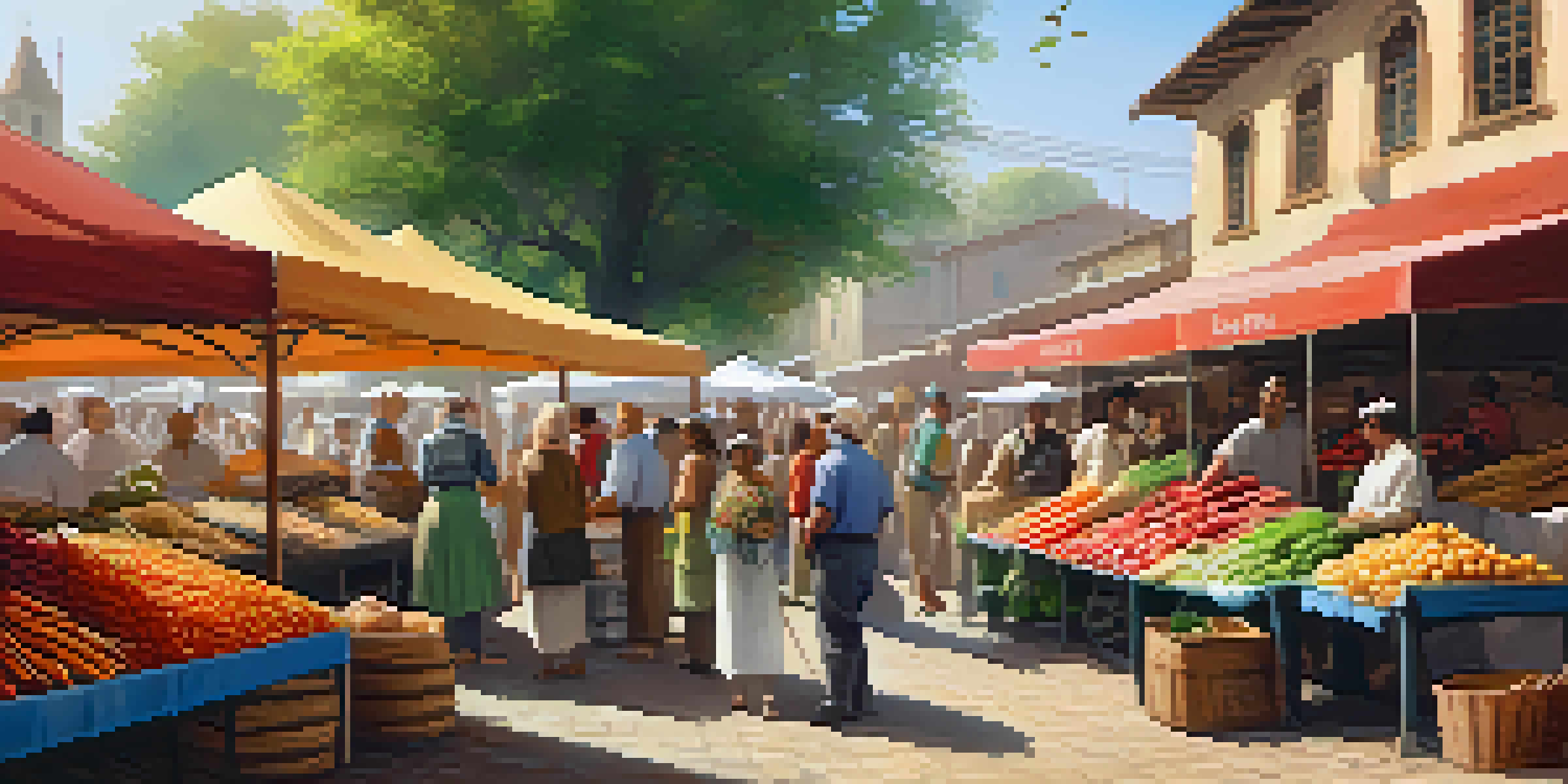 A lively outdoor food market filled with fresh produce, artisanal bread, and local spices, with vendors and customers engaging under bright sunlight.